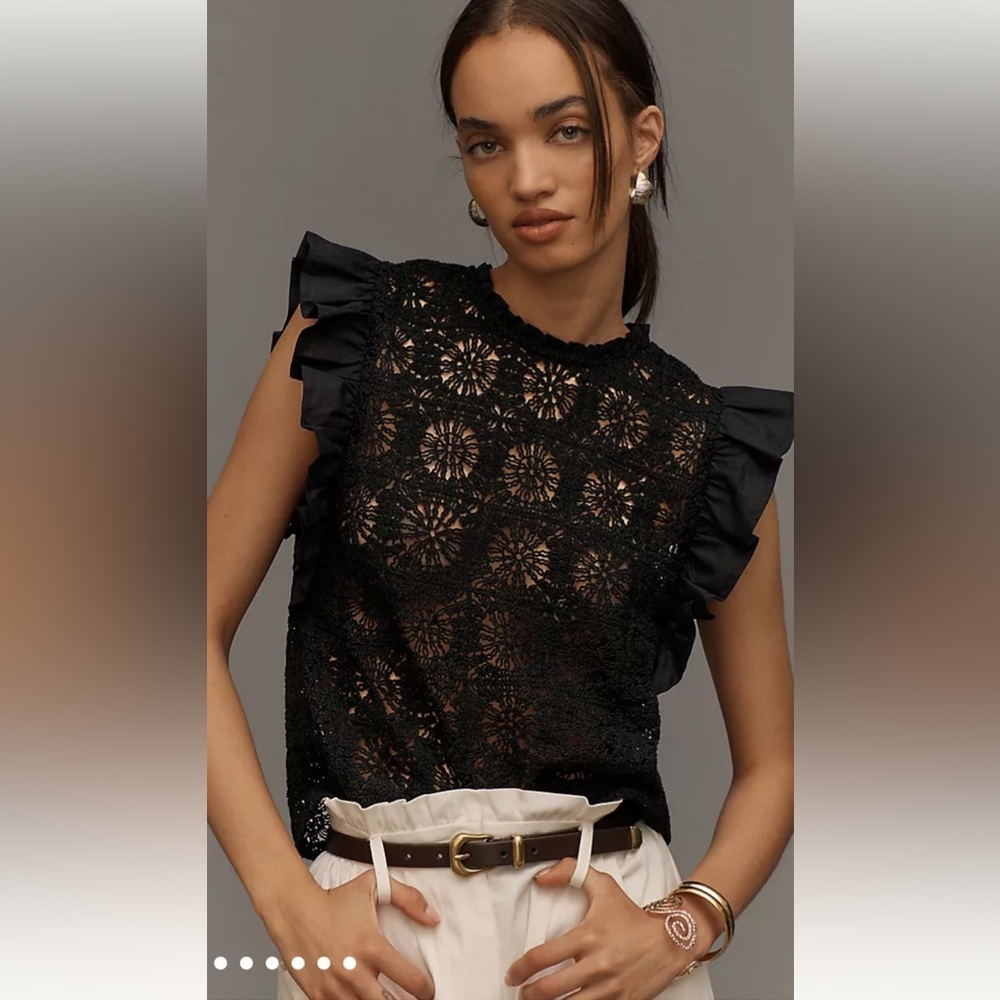 Anthropologie Flat White Crochet Ruffle Top Black Size L